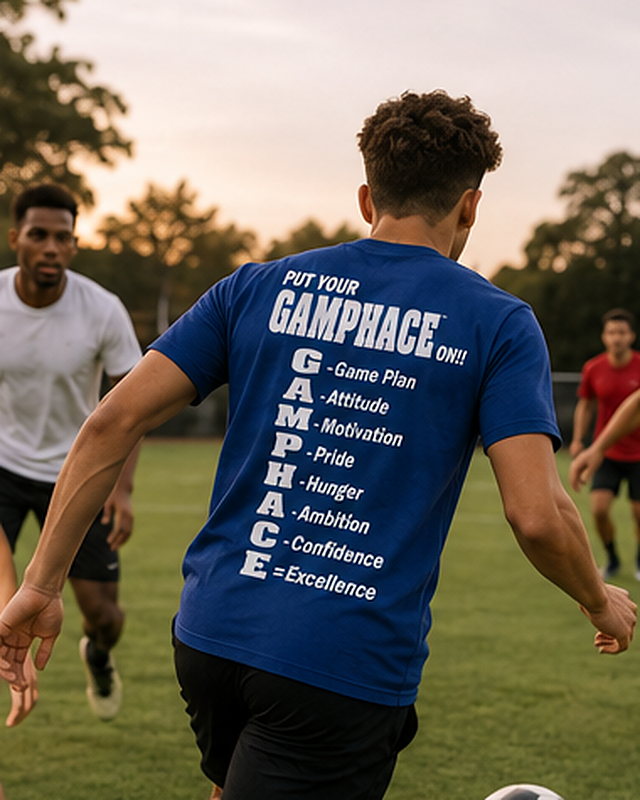 Gamphace athlete at golden hour in a blue tee with the back print